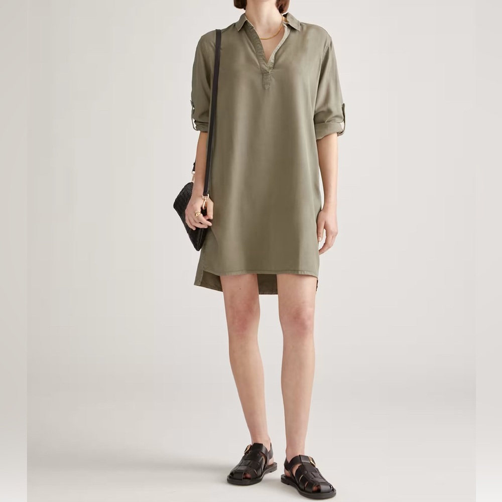 NWT Vintage Wash Tencel Roll Sleeve Tunic Olive Green Dress